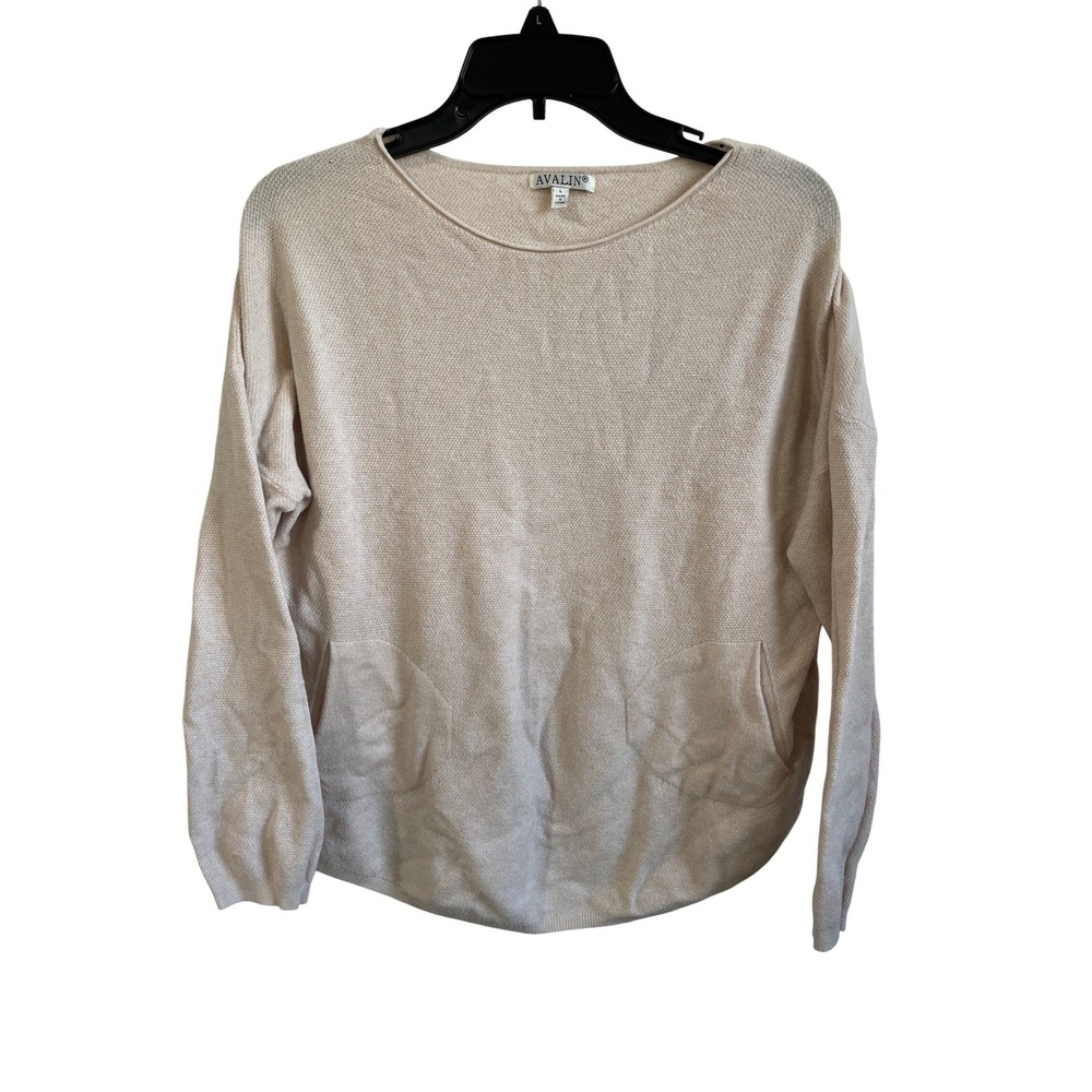 Avalin Womens Beige‎ Textured Knit Crewneck Pullover Sweater with Pockets Large